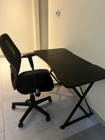 Black office desk and swivel chair - good condition