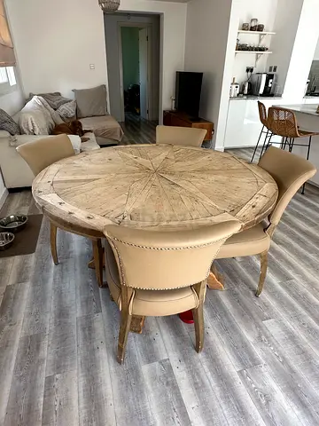 Round Solid Wood Dining Table with 4 Upholstered Chairs - Rustic Beige - purchase from Marina home