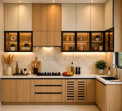 Modern L-shaped Wooden Kitchen Cabinets with Marble Backsplash