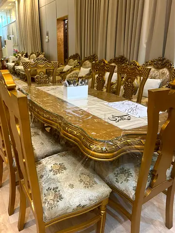 Ornate Gold 8-Seater Dining Table with Upholstered Chairs