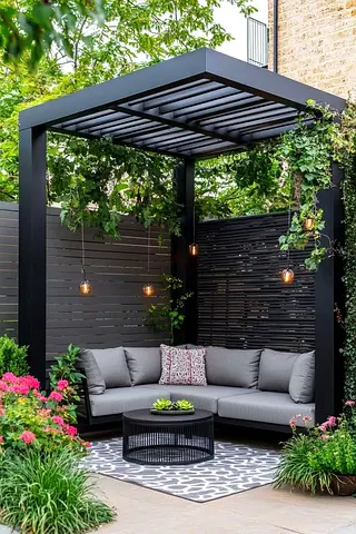 Outdoor Aluminum Pergola with L-Shaped Sofa Set and Coffee Table