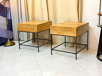 West Elm Pair of Solid Wood Side Tables with Metal Frame - Modern Minimalist