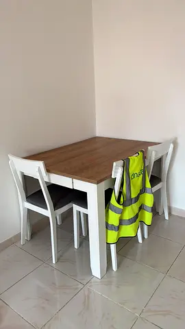 Wooden dining table with 4 chairs - white frame, good condition