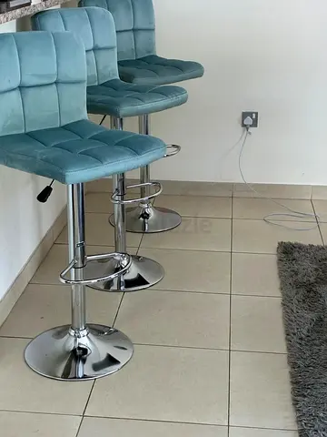 Set of 3 Blue Velvet Adjustable Bar Stools with Chrome Base
