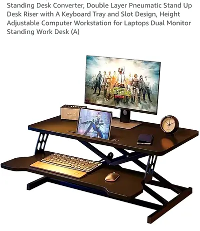 Standing Desk Converter, Double Layer Pneumatic Stand Up Desk Riser with A Keyboard Tray