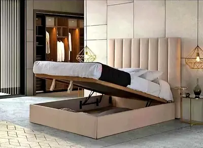 New Queen storage bed with upholstered headboard - beige