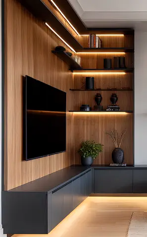 Modern Corner Entertainment Unit with Floating Shelves and LED Lighting