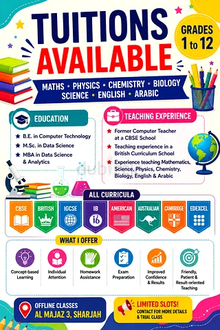 QUALIFIED TUTOR | MATHS • SCIENCE • ENGLISH • ARABIC | GRADES 1–12 | ALL CURRICULA