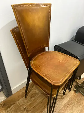 Set of 2 Vintage Leather Stools with Metal Legs