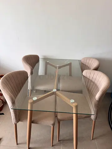 Glass Top Dining Table with 4 Beige Upholstered Chairs