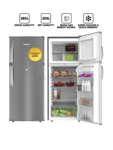 Nikai 280L Double Door Refrigerator - Silver, Reversible Door Fridge