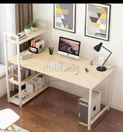 Wooden computer desk with bookshelf- Beige- Unused