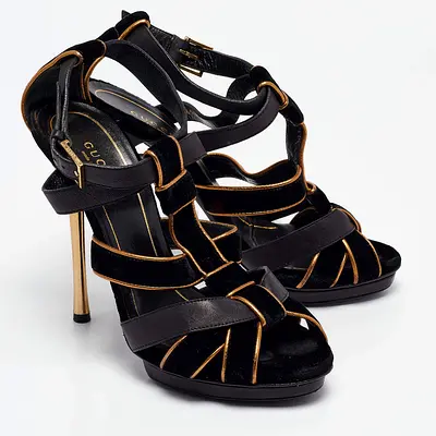 Authentic Gucci Malika Black Velvet & Leather Strappy Sandals