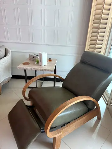 Modern Olive Green Leather Armchair with Wooden Frame and Ottoman Lounge Chair with Wooden