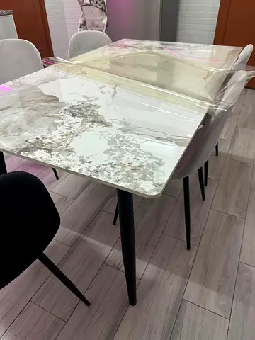 Marble-effect Dining Table with 6 Chairs - Modern, Light Grey Finish