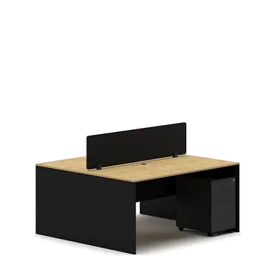 Modern 2-Person Oak & Black Office Workstation with Divider and Mobile Pedestal
