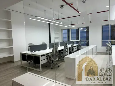 Unfurnished office for annual rent in Al Qasba, Sharjah. 1722 sq ft, includes air conditioning, parking, free attestation, one month free rent, and a