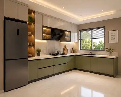 Modern L-shaped Kitchen Cabinets with Integrated Countertops