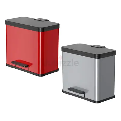 Pair of Pedal Kitchen Dustbins - Red & Silver, Stainless Look