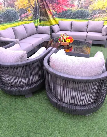 8-Piece Outdoor Wicker Sofa Set with Glass Coffee Table - Grey Cushions