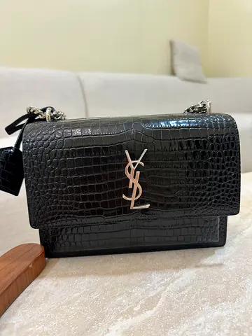 YSL Saint Laurent Croc-Embossed Leather Shoulder Bag - Black