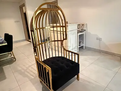Unique Gold Cage-Style Accent Chair with Black Velvet Seat