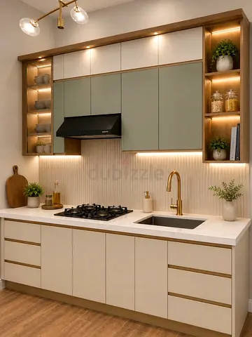 Modern fitted kitchen cabinet set with integrated shelves and countertop