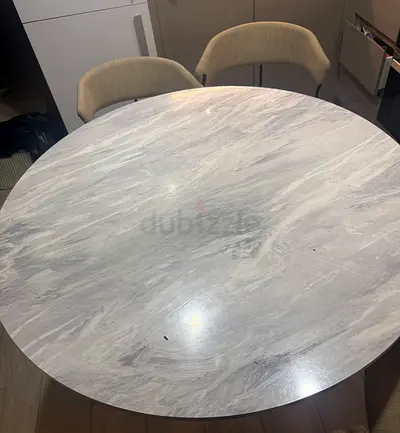 Round Dining Table 110cm Marble Look + 4 Fabric Chairs