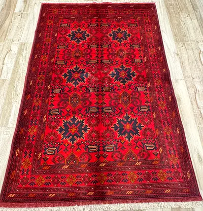 Traditional Middle Eastern Red Patterned Rug , tribal handmade wool carpet size 1.96 by 1.35
