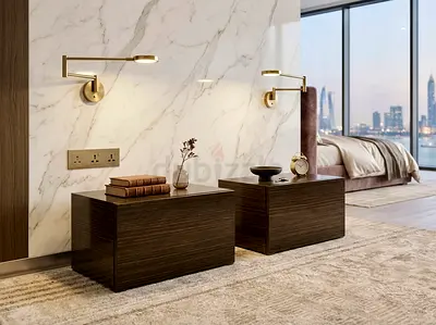 Minotti Italy Pair of modern wooden bedside nightstands - dark wood finish