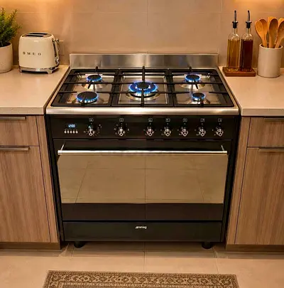 Smeg Concert 90x60 cm Dual-Fuel Cooker (models like SSA91MABL2 or SSA91MAA9) features a 5-burner gas