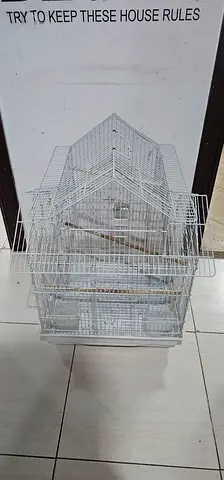 White metal bird cage with perch and tray - good condition