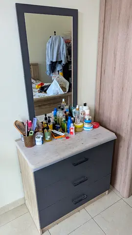 Three-drawer Dresser with Mirror - Light Wood and Dark Gray Finish
