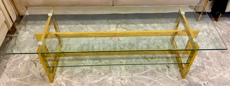 Glass Top Coffee Table with Gold Metal Frame - Modern Rectangular Design