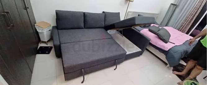 Grey L-Shaped Sofa Bed with Storage