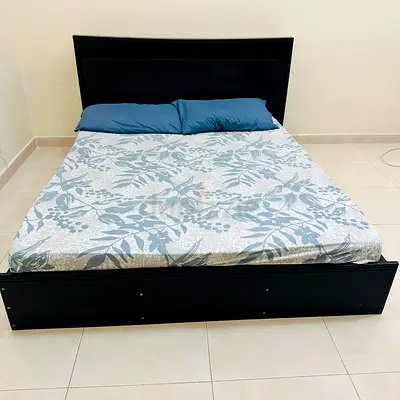Queen size black wooden bed frame with storage - good condition