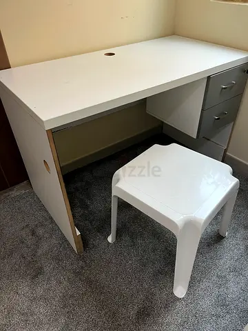 White study desk with drawers and small plastic stool - good condition