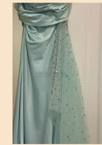 Elegant Off-Shoulder Satin Evening Gown with Embellished Draped Panel
