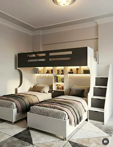 White bunk bed with twin beds and storage stairs - modern kids' set