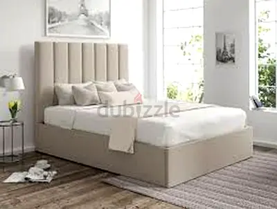 New Beige upholstered double bed with storage and tall padded headboard