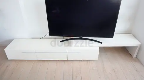 White Modern Low TV Unit / Entertainment Cabinet - 3 Drawers + Open Shelf