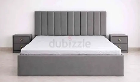 Grey Fabric Upholstered Bed Set with Matching Nightstands