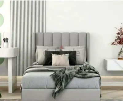 Neq Modern Upholstered Grey Double Bed with Padded Headboard -