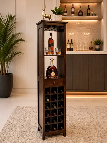 Slim Wooden Wine Rack with Glass Holders and Drawer - Dark Oak