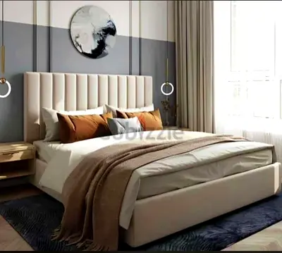 New Modern upholstered king-size bed with padded headboard - beige