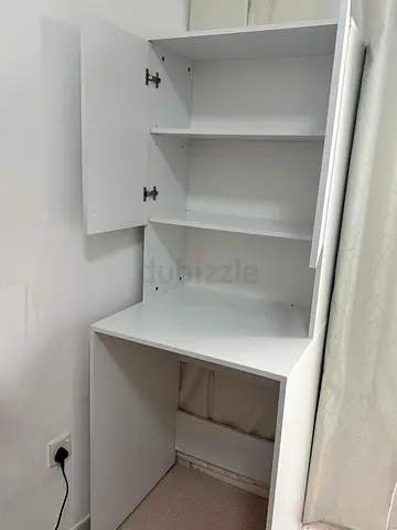 White Compact Study Desk with Shelves and Cupboard - Good Condition