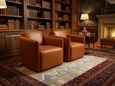 Marina Timothy Oulton Pair of Brown Leather Club Chairs - Cozy Living Room Set