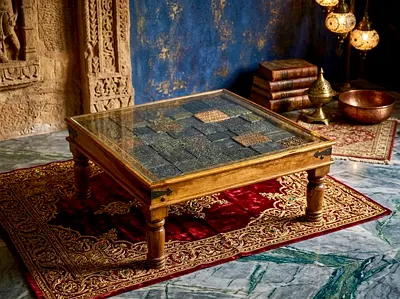 Solid Wood Low Coffee Table with Inlaid Metal Tile Top