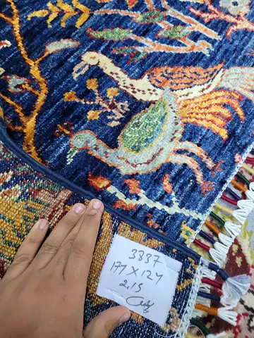 Handmade Blue Bird Motif Oriental Rug - 177 x 124 cm Afghani handmade carpet