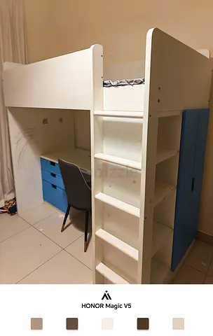 White loft bed with built-in desk, shelves and wardrobe - good condition